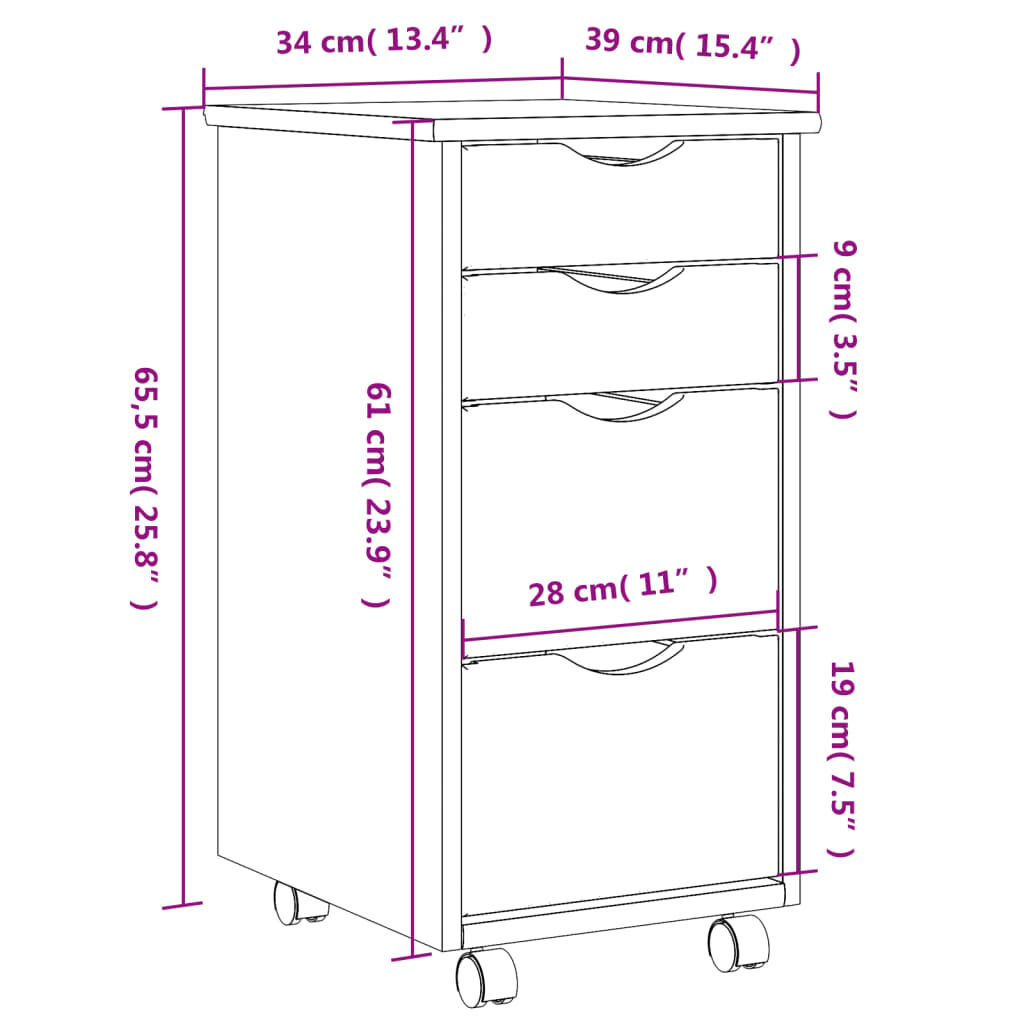 vidaXL Rolling Cabinet with Drawers MOSS White Solid Wood Pine