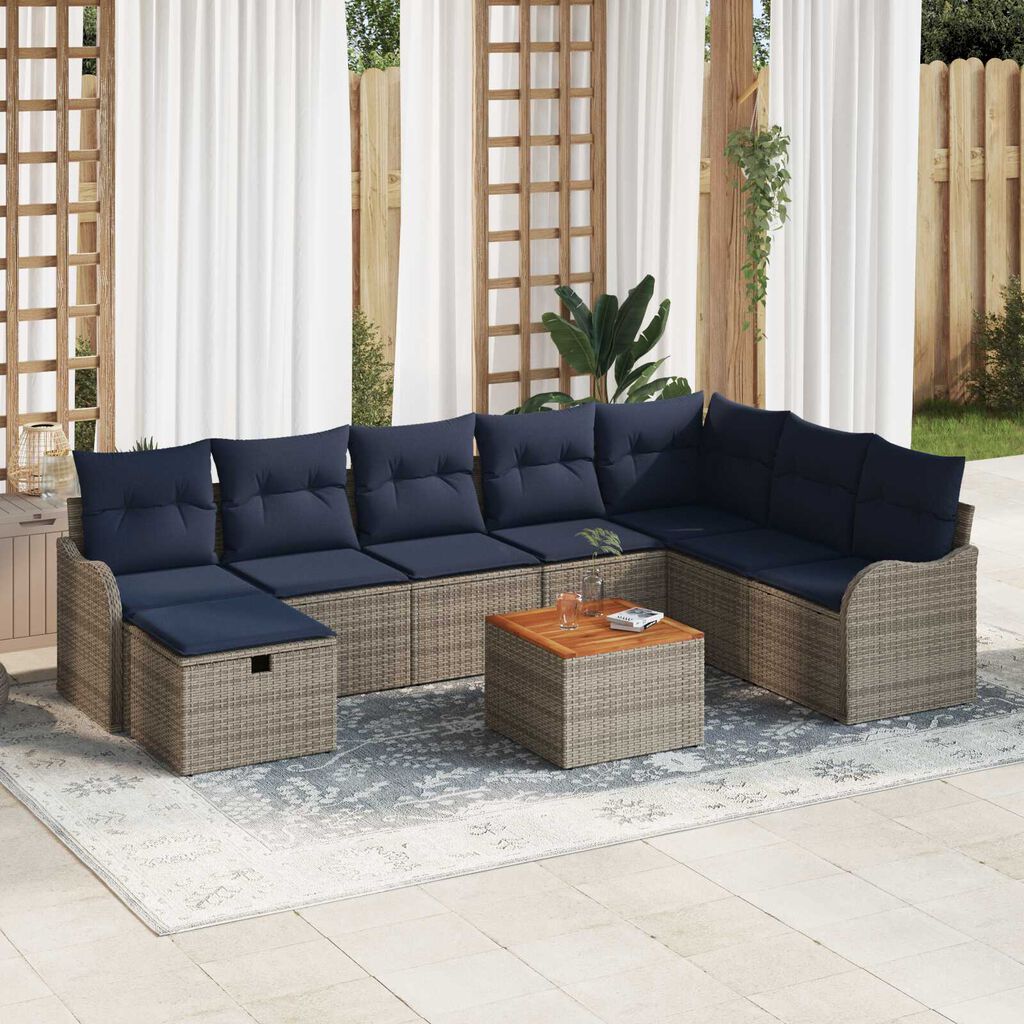 vidaXL 9 Piece Garden Sofa Set with Cushions Grey Poly Rattan