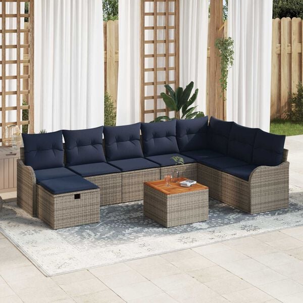 vidaXL 9 Piece Garden Sofa Set with Cushions Grey Poly Rattan