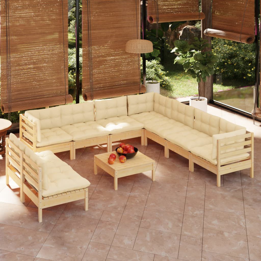 vidaXL 10 Piece Garden Lounge Set with Cream Cushions Solid Pinewood