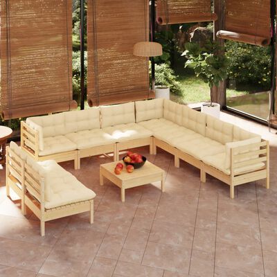 vidaXL 10 Piece Garden Lounge Set with Cream Cushions Solid Pinewood