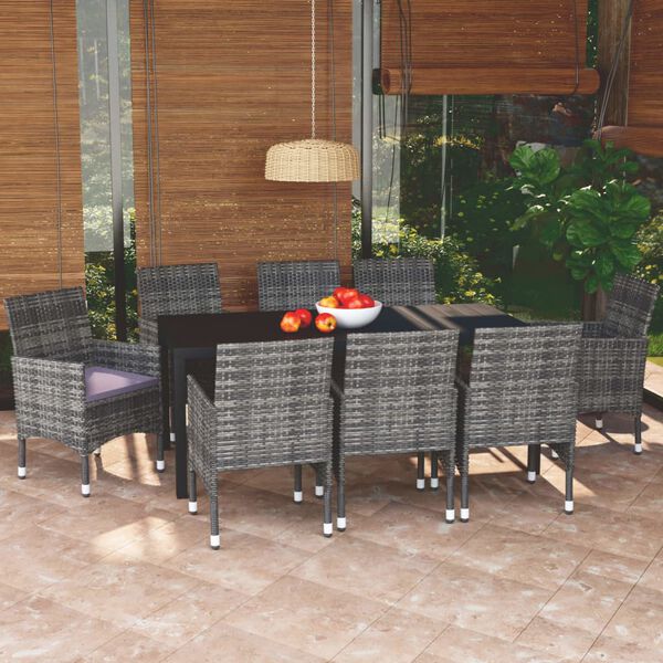 vidaXL 9 Piece Garden Dining Set with Cushions Poly Rattan Grey
