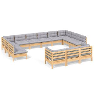 vidaXL 13 Piece Garden Lounge Set with Grey Cushions Pinewood