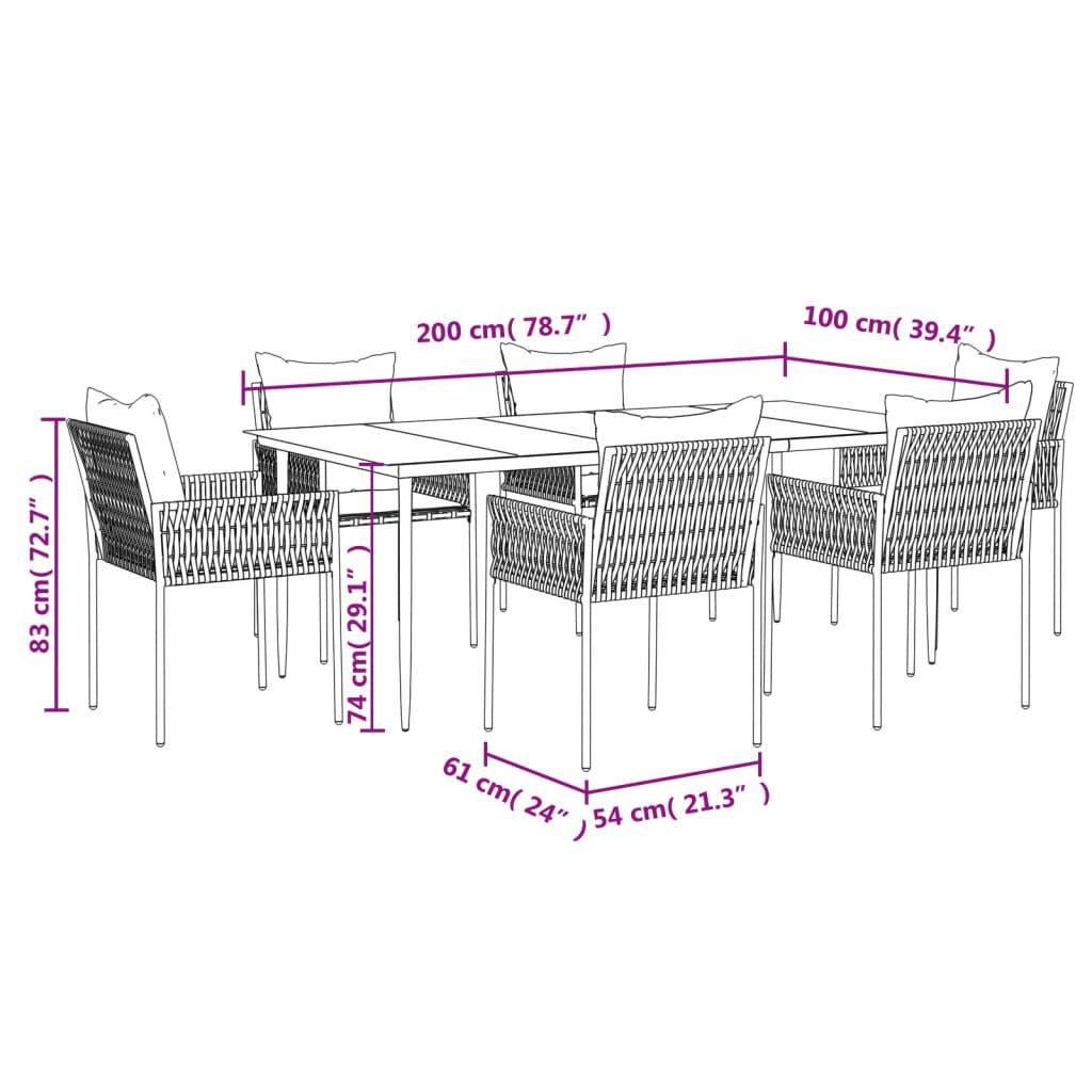 vidaXL 7 Piece Garden Dining Set with Cushions Poly Rattan and Steel