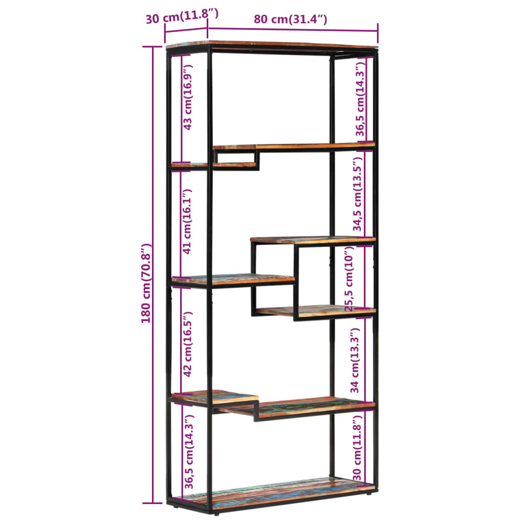 vidaXL Bookcase 80x30x180 cm Solid Reclaimed Wood
