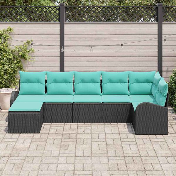 vidaXL Sofa Set with Cushion 7 pcs Black and Turquoise Poly Rattan
