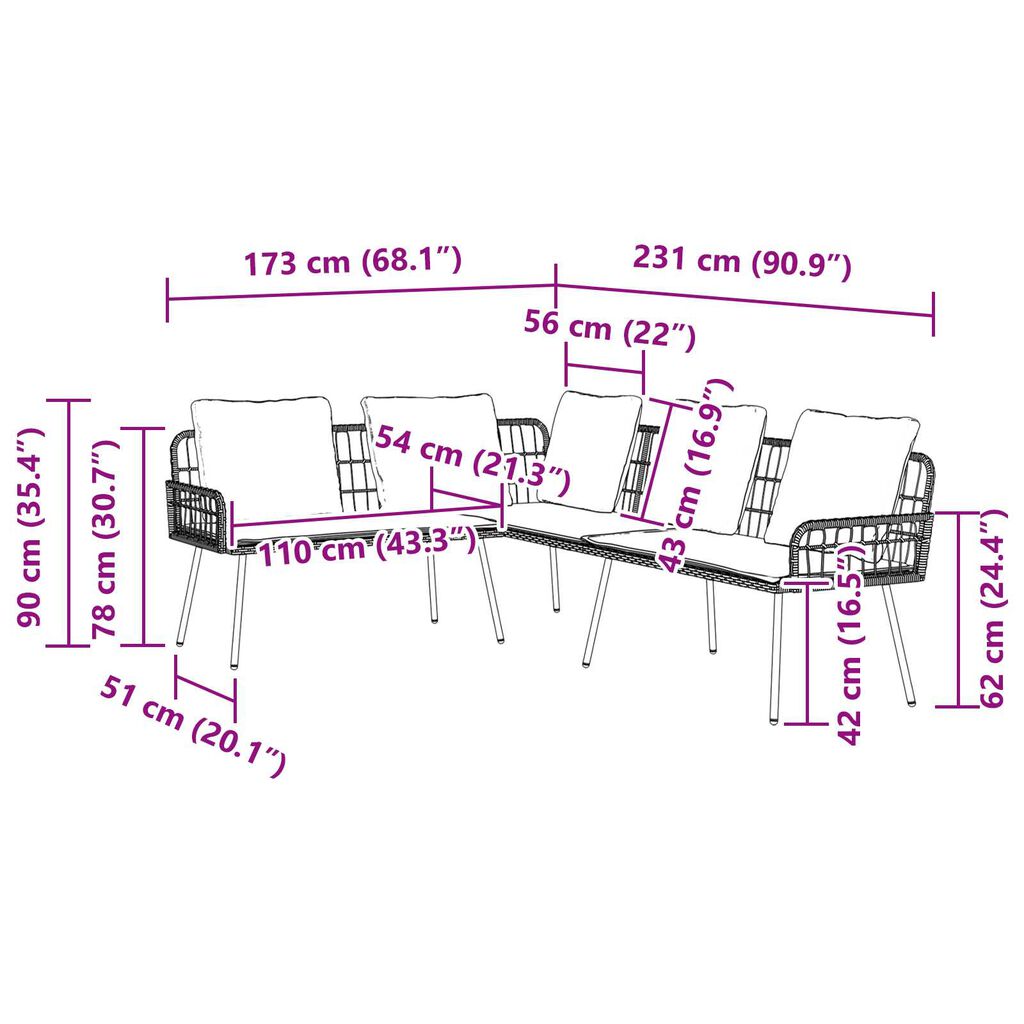 vidaXL L-Shaped Sofa Black 231x173x78 cm Poly Rattan
