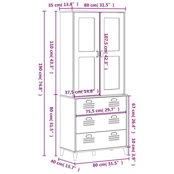 vidaXL Highboard VIKEN Black 80x40x190 cm Solid Wood Pine