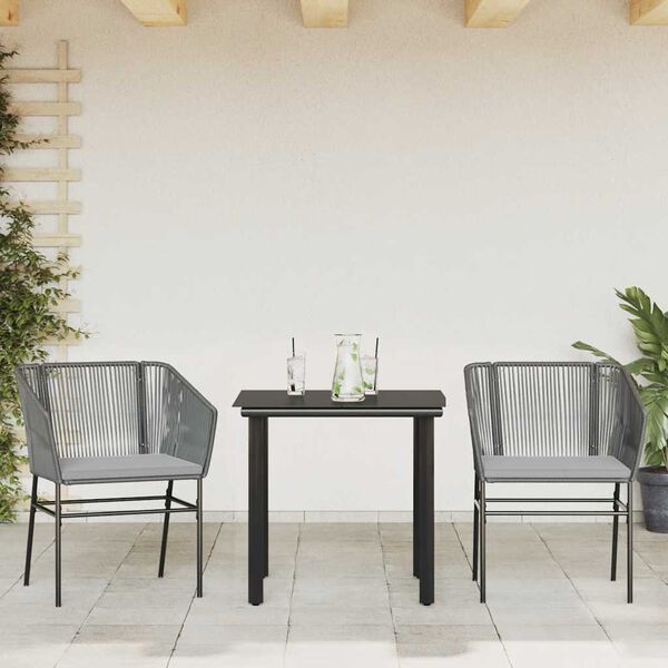 vidaXL 3 Piece Garden Dining Set with Cushions Grey Poly Rattan Glass