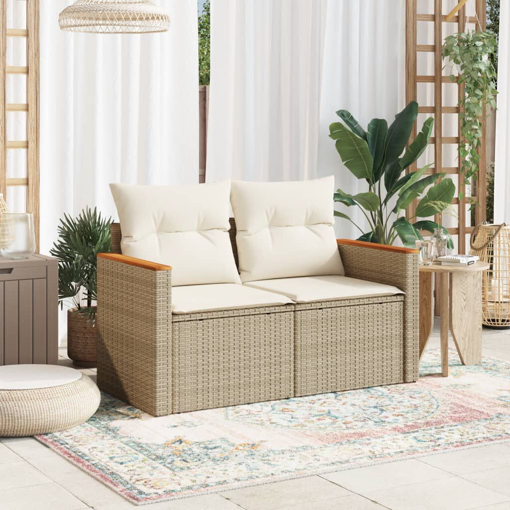 vidaXL Garden Sofa with Cushions 2-Seater Beige Poly Rattan