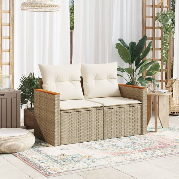 vidaXL Garden Sofa with Cushions 2-Seater Beige Poly Rattan