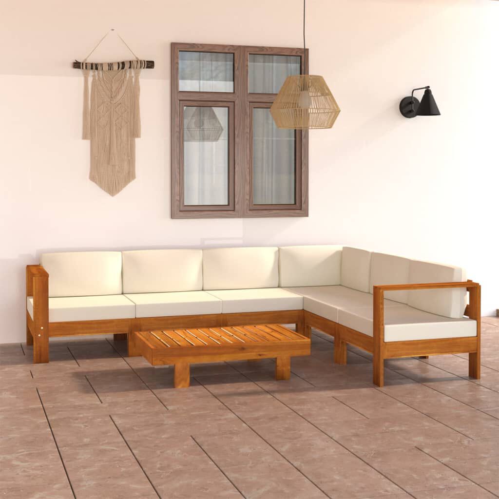 vidaXL 7 Piece Garden Lounge Set with Cream White Cushions Acacia Wood