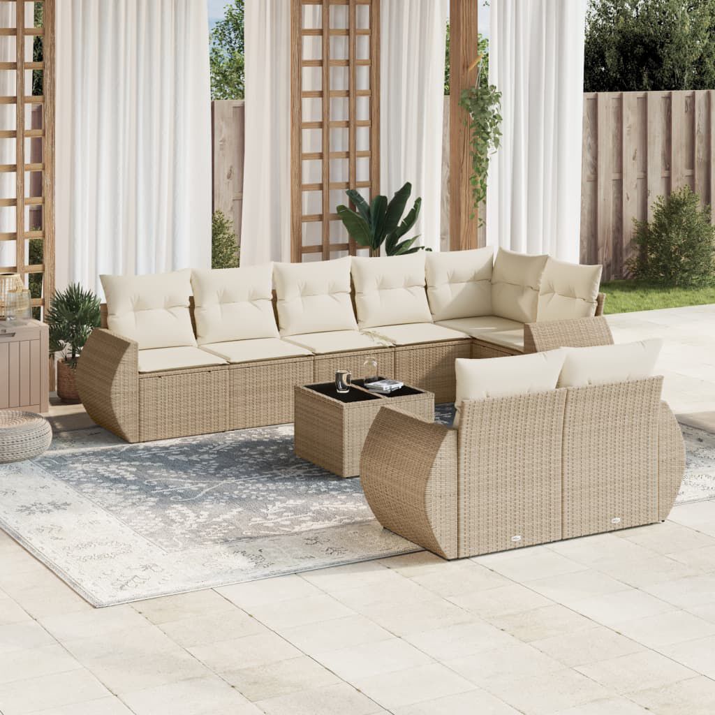 vidaXL 9 Piece Garden Sofa Set with Cushions Beige Poly Rattan