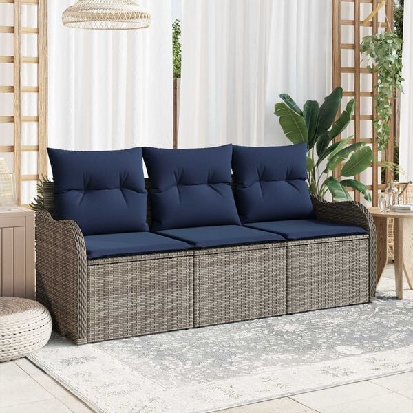 vidaXL 3 Piece Garden Sofa Set with Cushions Grey Poly Rattan