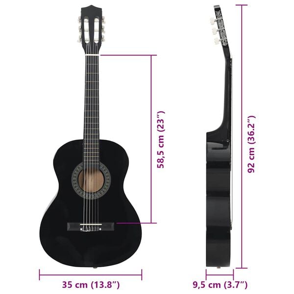 vidaXL 8 Piece Classical Guitar Beginner Set Black 3/4 36"