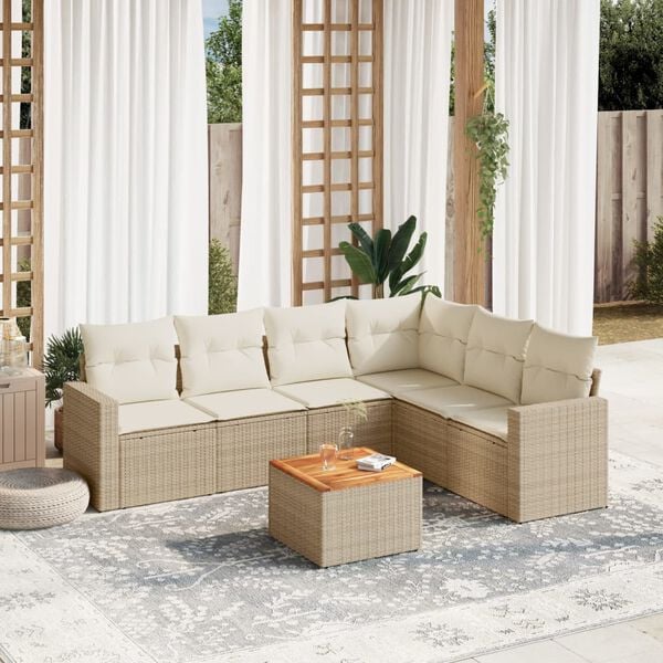 vidaXL 7 Piece Garden Sofa Set with Cushions Beige Poly Rattan