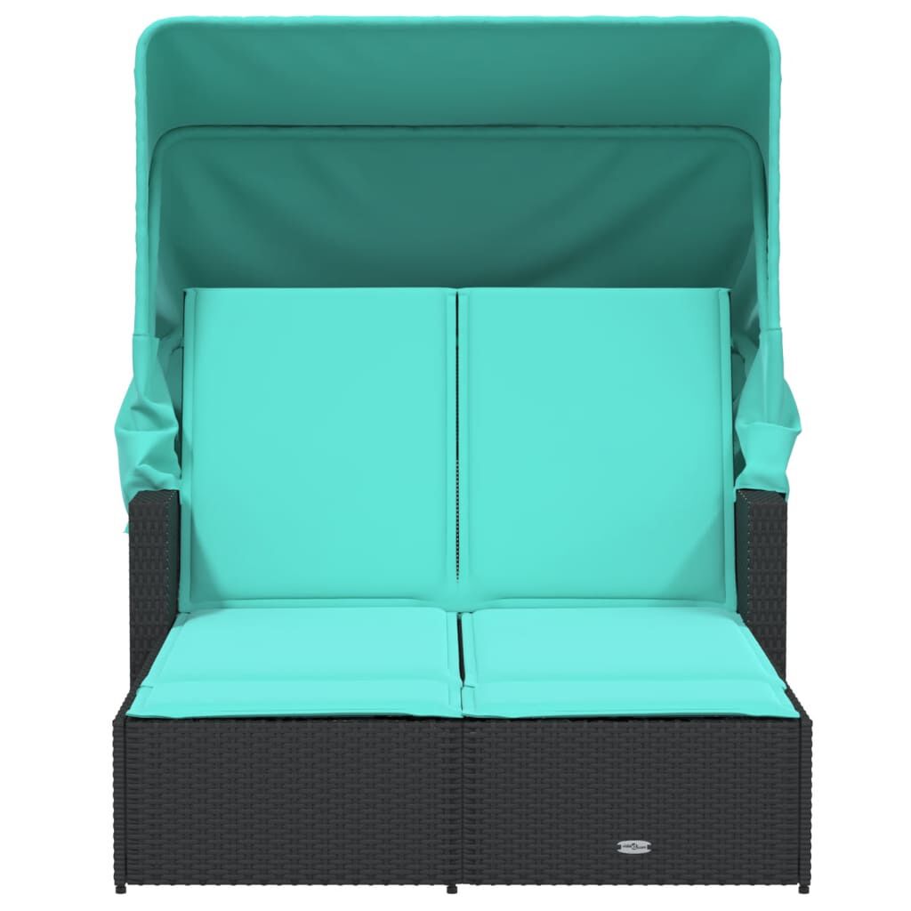 vidaXL Double Sun Lounger with Canopy and Cushions Black Poly Rattan