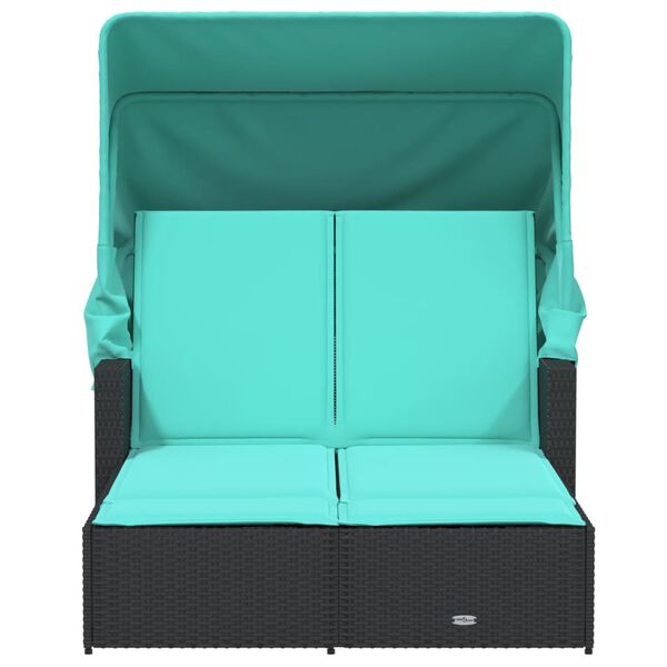 vidaXL Double Sun Lounger with Canopy and Cushions Black Poly Rattan