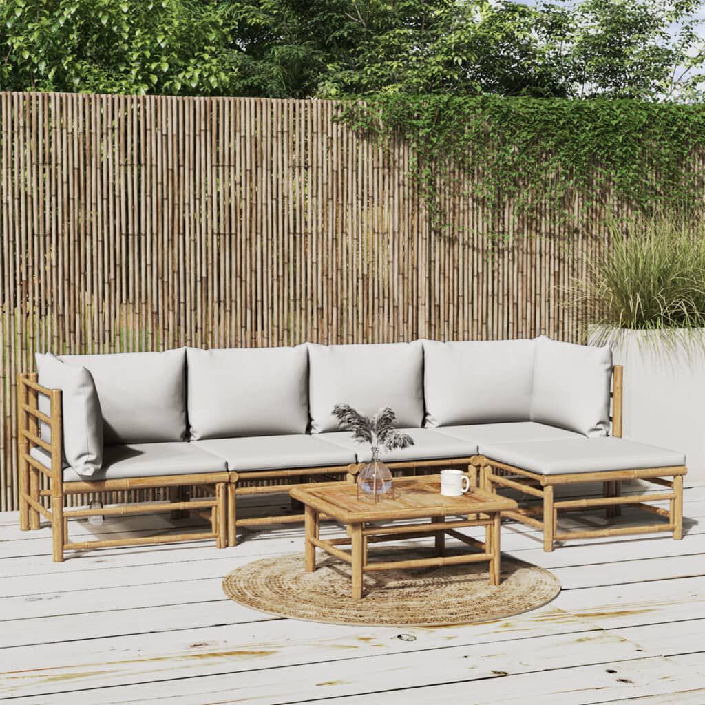 vidaXL 6 Piece Garden Lounge Set with Light Grey Cushions Bamboo