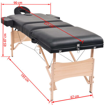 vidaXL 3-Zone Folding Massage Table 10 cm Thick Black
