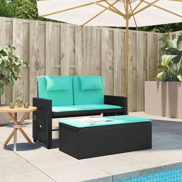 vidaXL Reclining Garden Bench with Cushions Black Poly Rattan