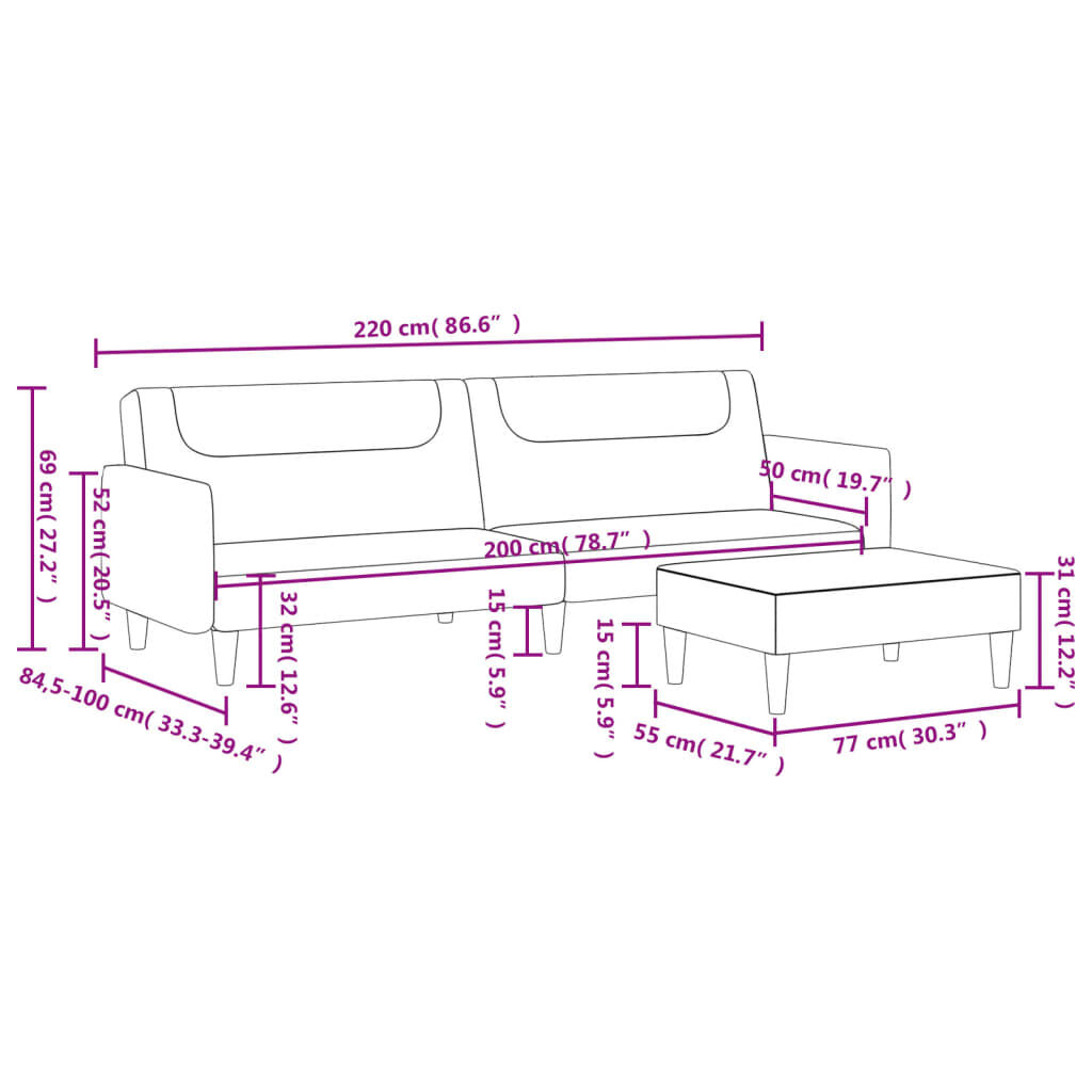 vidaXL 2-Seater Sofa Bed with Footstool Black Fabric