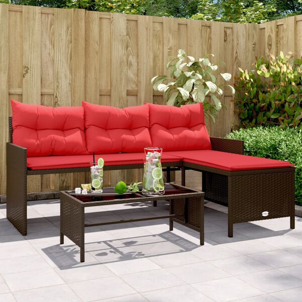 vidaXL Garden Sofa with Table and Cushions L-Shaped Brown Poly Rattan