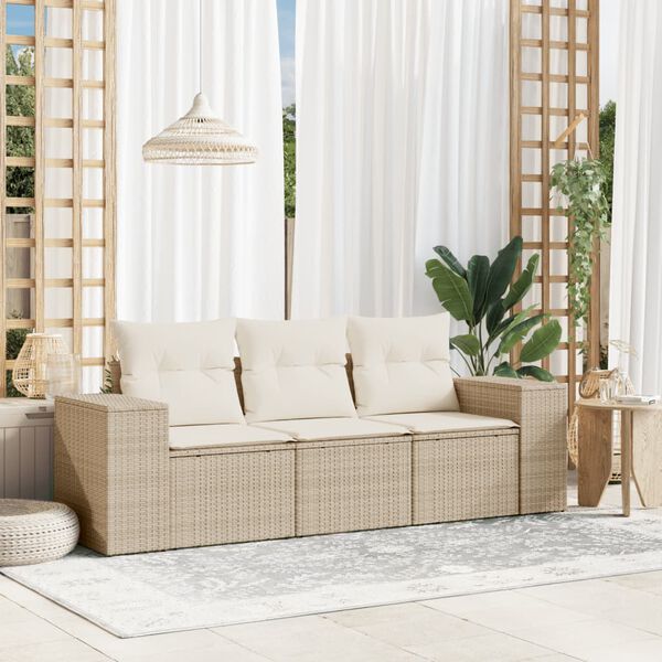 vidaXL 3 Piece Garden Sofa Set with Cushions Beige Poly Rattan