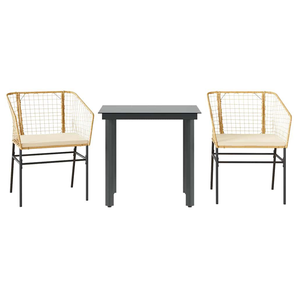vidaXL 3 Piece Garden Dining Set with Cushions Brown Poly Rattan Glass