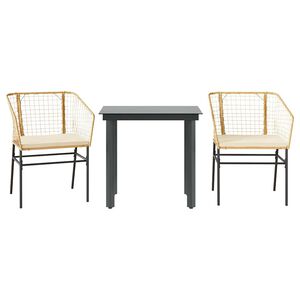 vidaXL 3 Piece Garden Dining Set with Cushions Brown Poly Rattan Glass