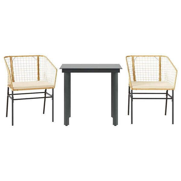 vidaXL 3 Piece Garden Dining Set with Cushions Brown Poly Rattan Glass