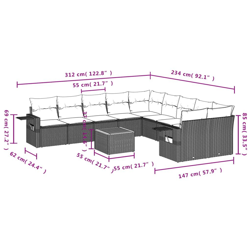 vidaXL 11 Piece Garden Sofa Set with Cushions Grey Poly Rattan