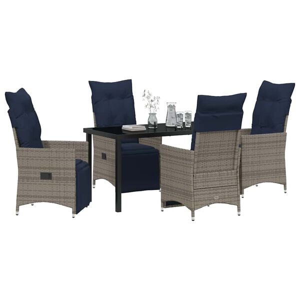vidaXL Table and Chair Set with Cushion 5 pcs Grey PE Rattan