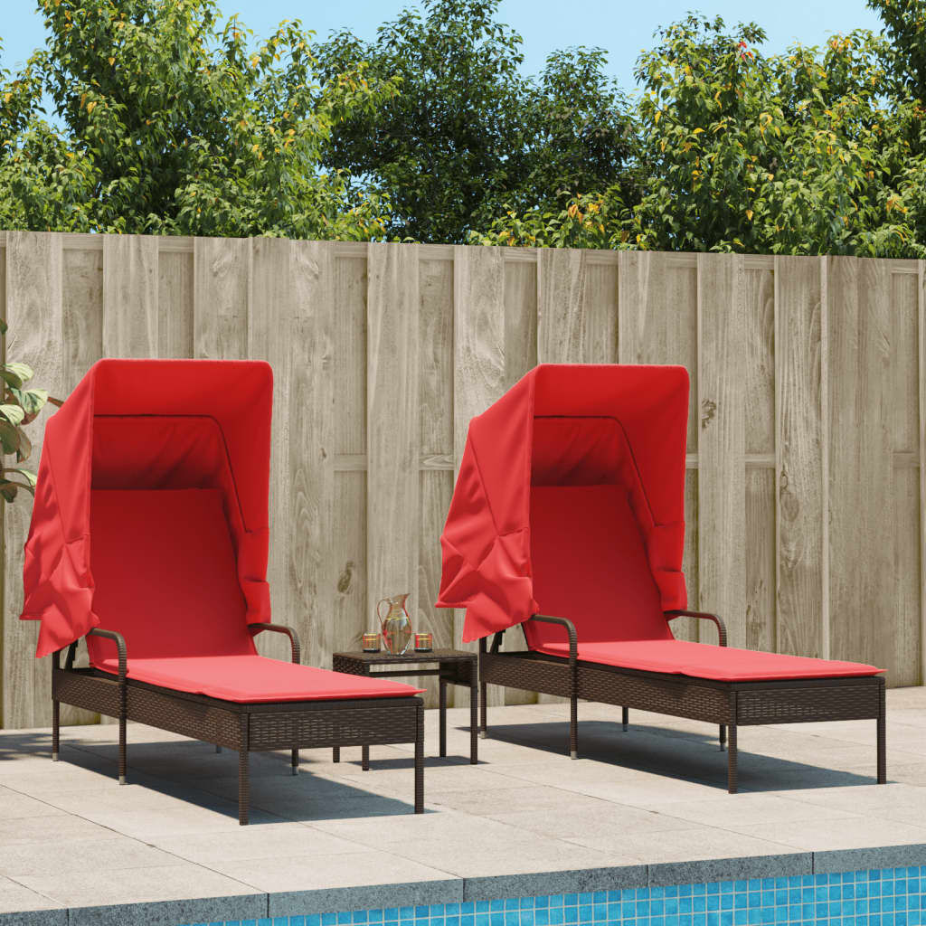 vidaXL Sun Loungers 2 pcs with Canopies and Table Brown Poly Rattan