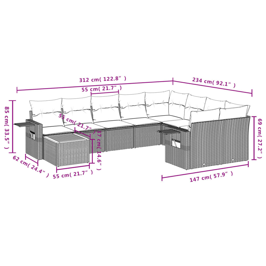vidaXL 10 Piece Garden Sofa Set with Cushions Grey Poly Rattan