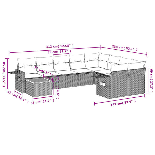 vidaXL 10 Piece Garden Sofa Set with Cushions Grey Poly Rattan