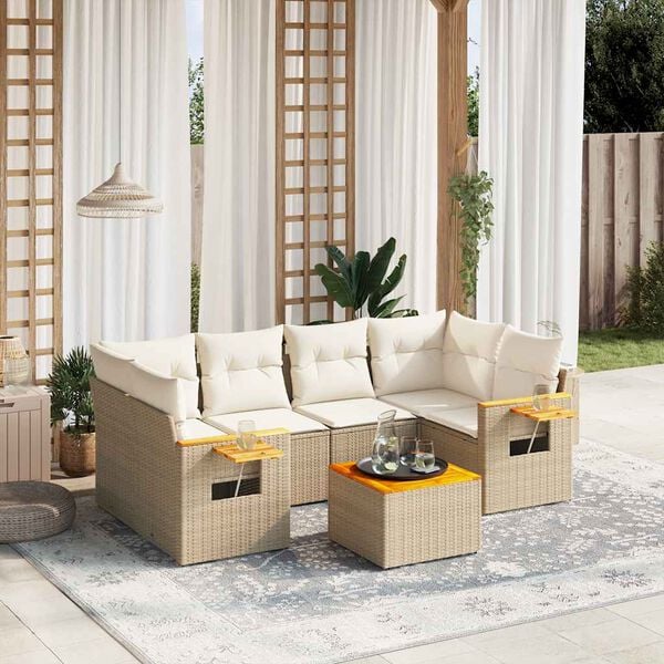 vidaXL 7 Piece Garden Sofa Set with Cushions Beige Poly Rattan