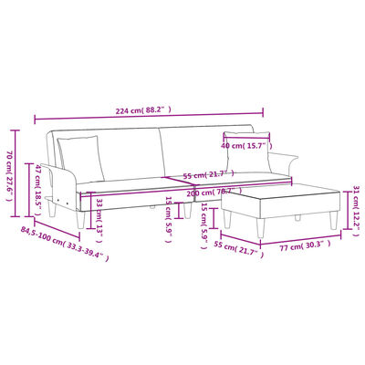 vidaXL 2-Seater Sofa Bed with Pillows and Footstool Dark Grey Velvet