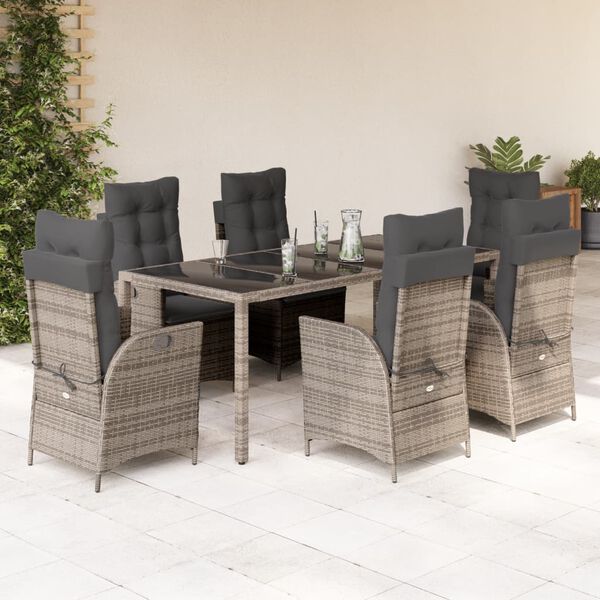 vidaXL 7 Piece Garden Dining Set with Cushions Grey Poly Rattan