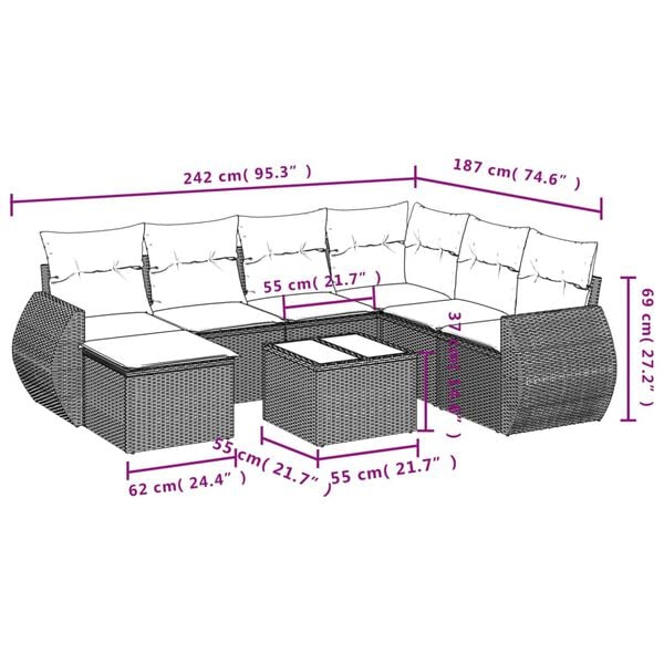 vidaXL 8 Piece Garden Sofa Set with Cushions Black Poly Rattan