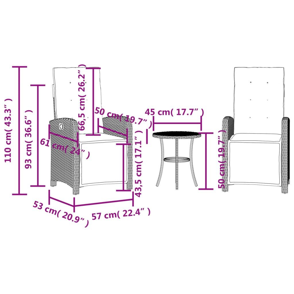 vidaXL 3 Piece Bistro Set with Cushions Grey Poly Rattan