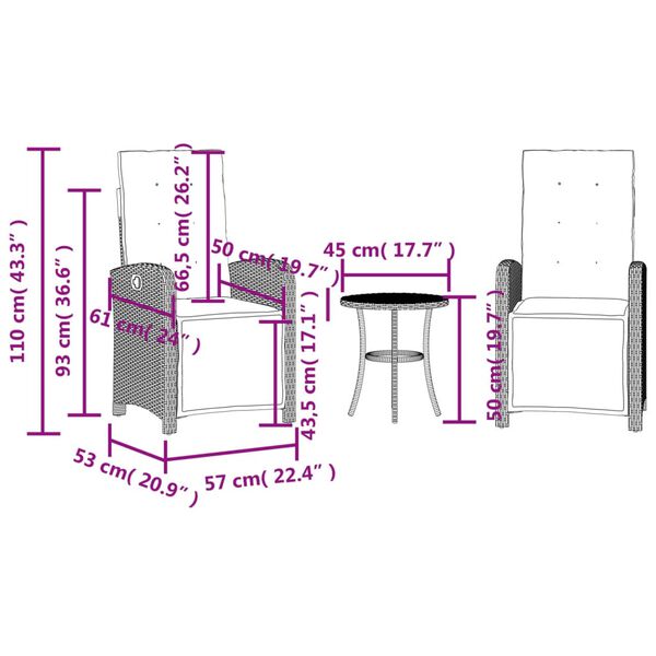 vidaXL 3 Piece Bistro Set with Cushions Grey Poly Rattan