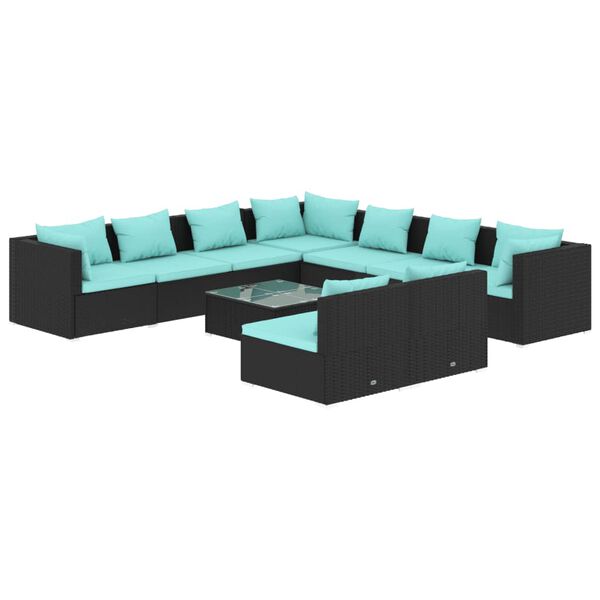 vidaXL 10 Piece Garden Lounge Set with Cushions Black Poly Rattan