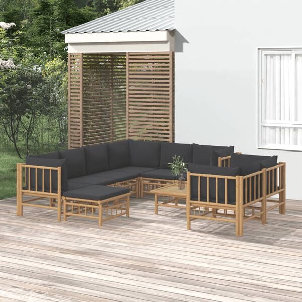 vidaXL 10 Piece Garden Lounge Set with Dark Grey Cushions Bamboo