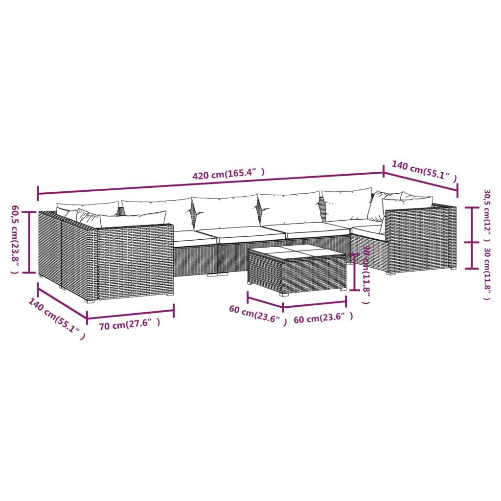 vidaXL 8 Piece Garden Lounge Set with Cushions Poly Rattan Grey