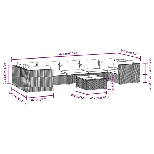 vidaXL 8 Piece Garden Lounge Set with Cushions Poly Rattan Grey