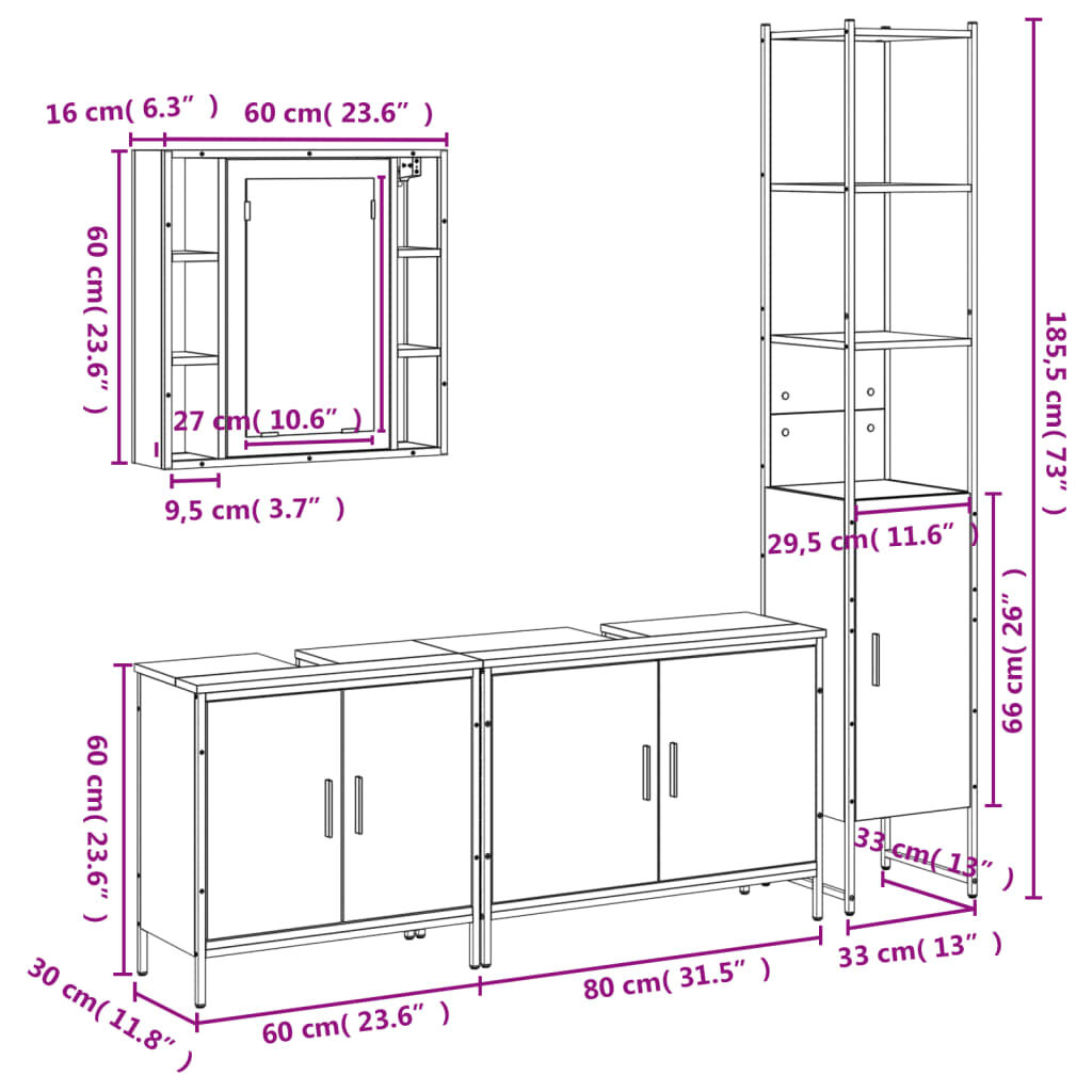 vidaXL 4 Piece Bathroom Cabinet Set Black Engineered Wood
