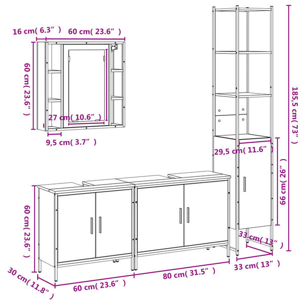 vidaXL 4 Piece Bathroom Cabinet Set Black Engineered Wood