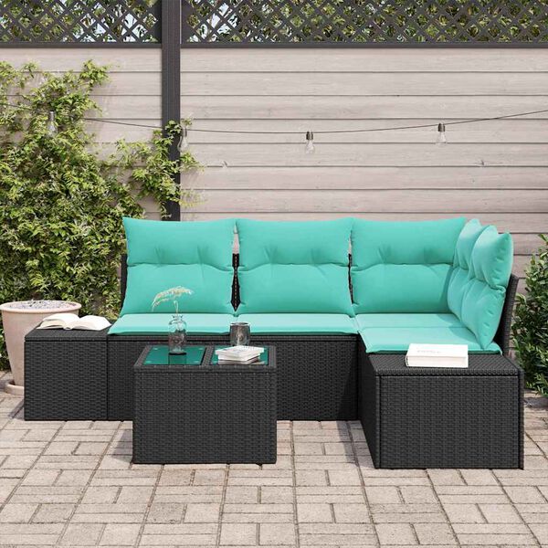 vidaXL Garden Sofa Set with Storage Black and Turquoise Poly Rattan