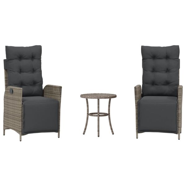vidaXL 3 Piece Bistro Set with Cushions Grey Poly Rattan